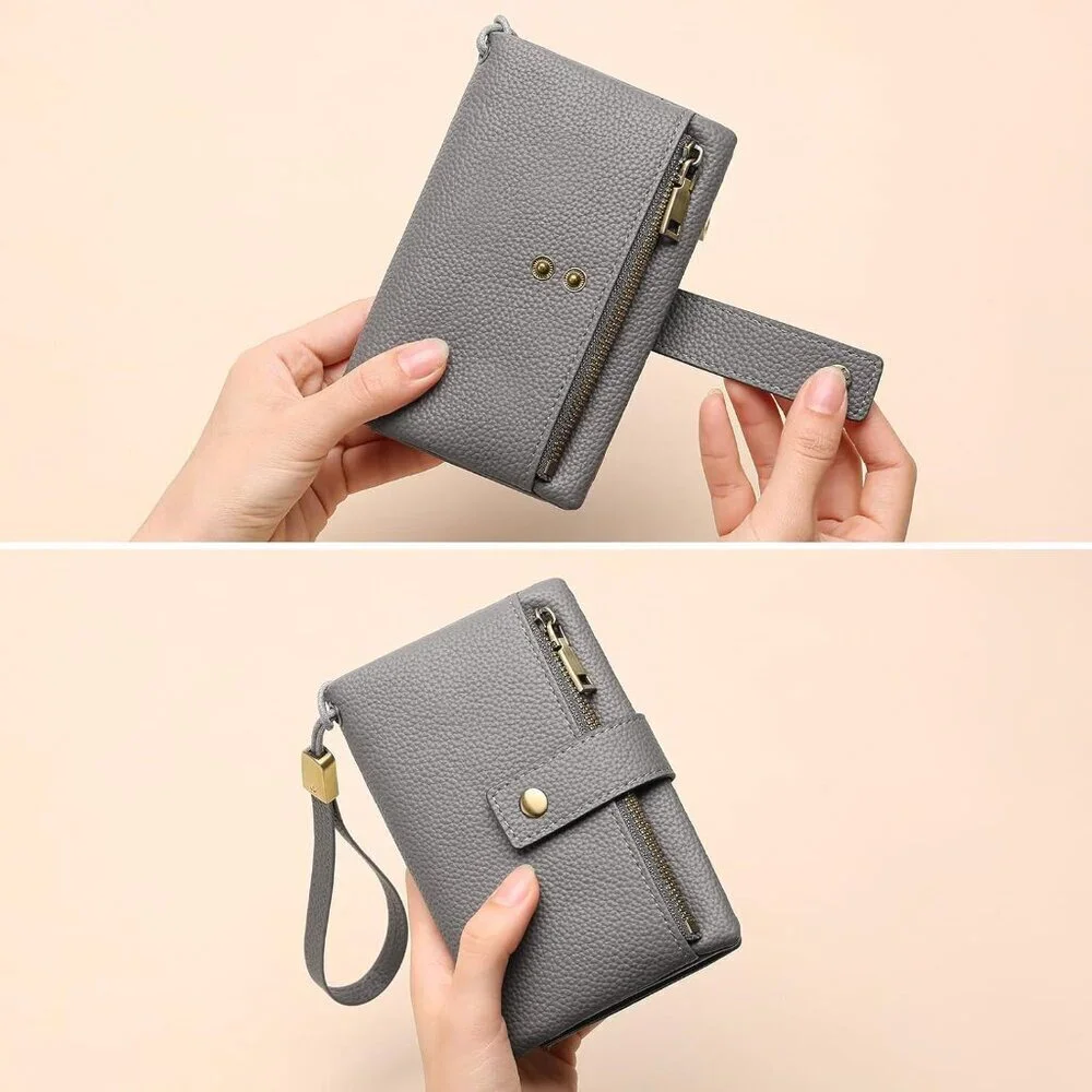 Leather RFID Blocking Wallet Women Small Bifold Coin Purse with Wristlet - Picture 7 of 8